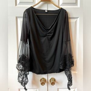 Black Ladies Top with Mesh Butterfly Sleeves